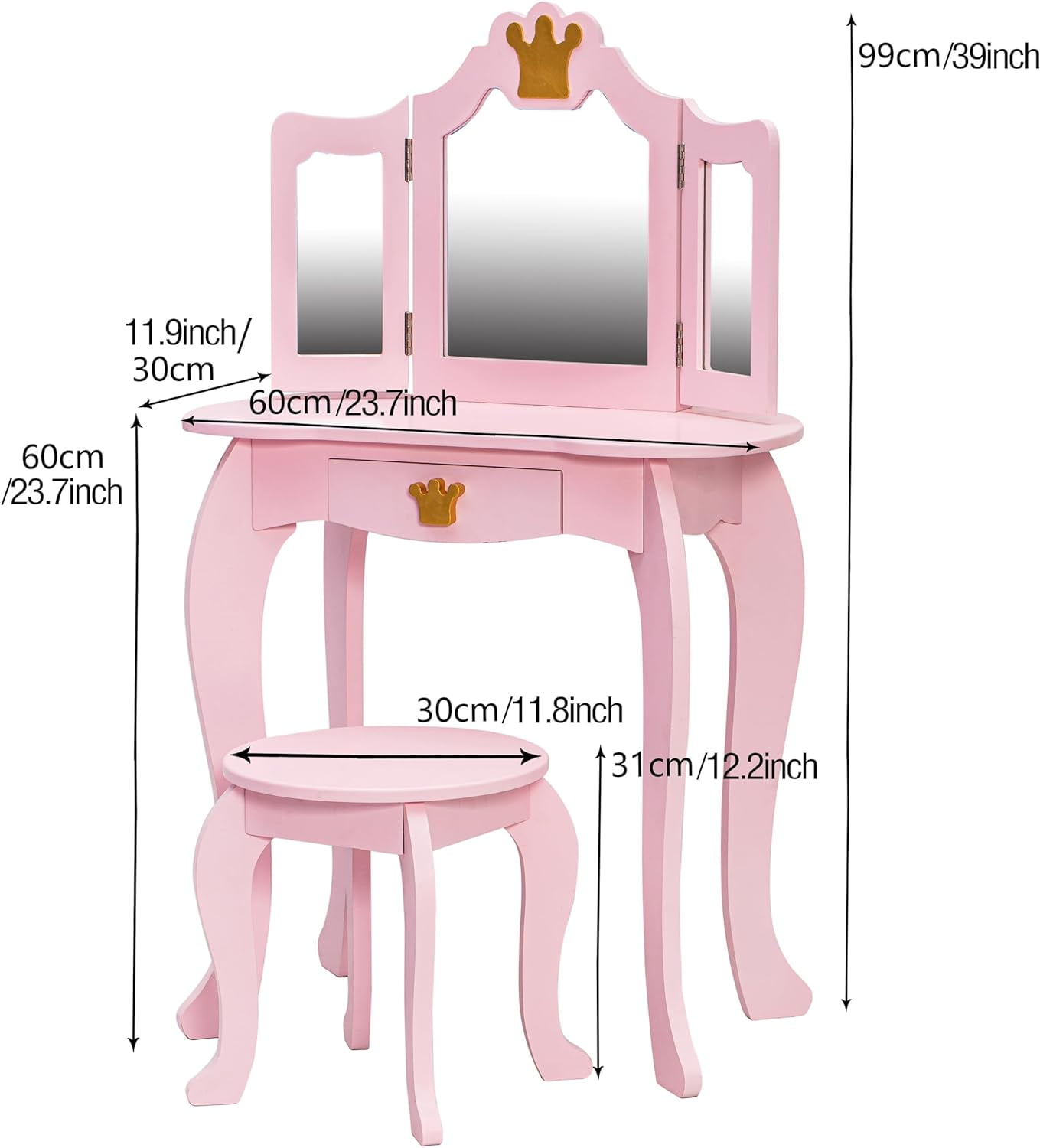 Lumiparty Kids Vanity, Girls Vanity Table with Mirror,Stool,TriFolding