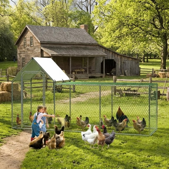 Lumiparty Large Metal Chicken Coop Walk-in Poultry Cage, Heavy Duty Chicken Runs Hen House for Yard with Waterproof and Anti-UV Cover for Outdoor Farm