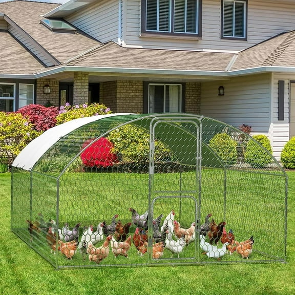 Lumiparty Large Metal Chicken Coop, Walking Poultry Cage Hen Run House Rabbits Habitat Cage Coops, with Waterproof and Anti-Ultraviolet Cover for Backyard Farm, Silver