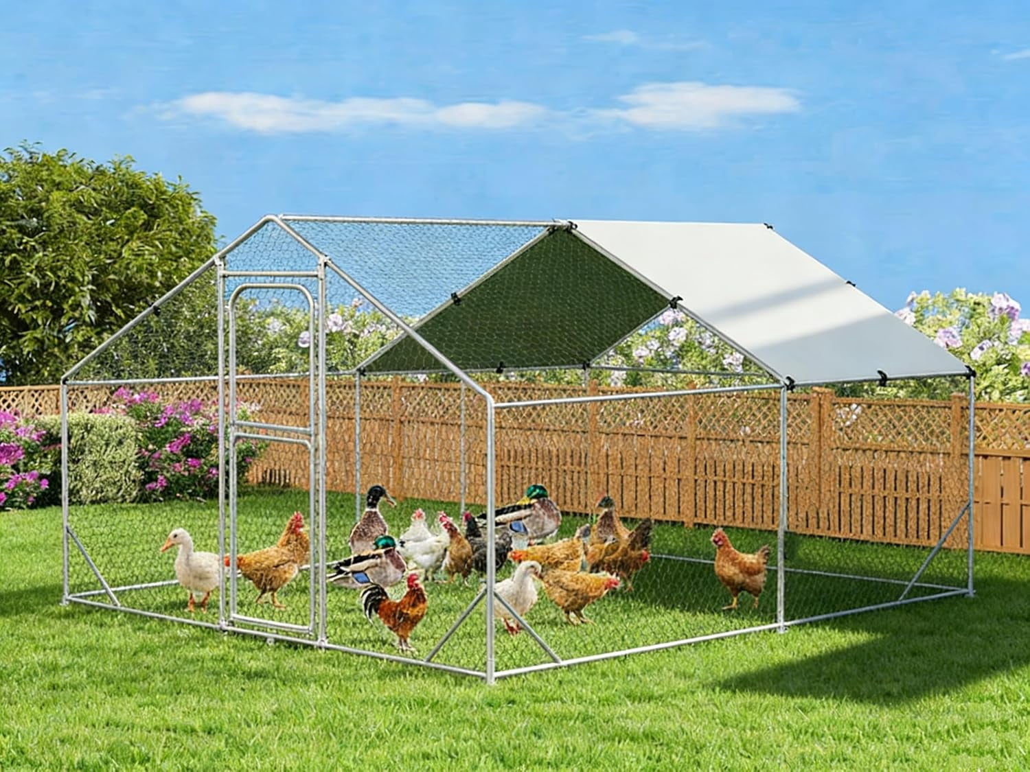 Lumiparty Large Metal Chicken Coop, Walking Poultry Cage Hen Run House Rabbits Habitat Cage Spire Shaped Coops, with Waterproof and Anti-Ultraviolet Cover for Backyard Farm, Silver