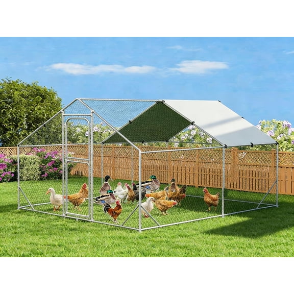 Lumiparty Large Metal Chicken Coop, Walking Poultry Cage Hen Run House Rabbits Habitat Cage Spire Shaped Coops, with Waterproof and Anti-Ultraviolet Cover for Backyard Farm, Silver