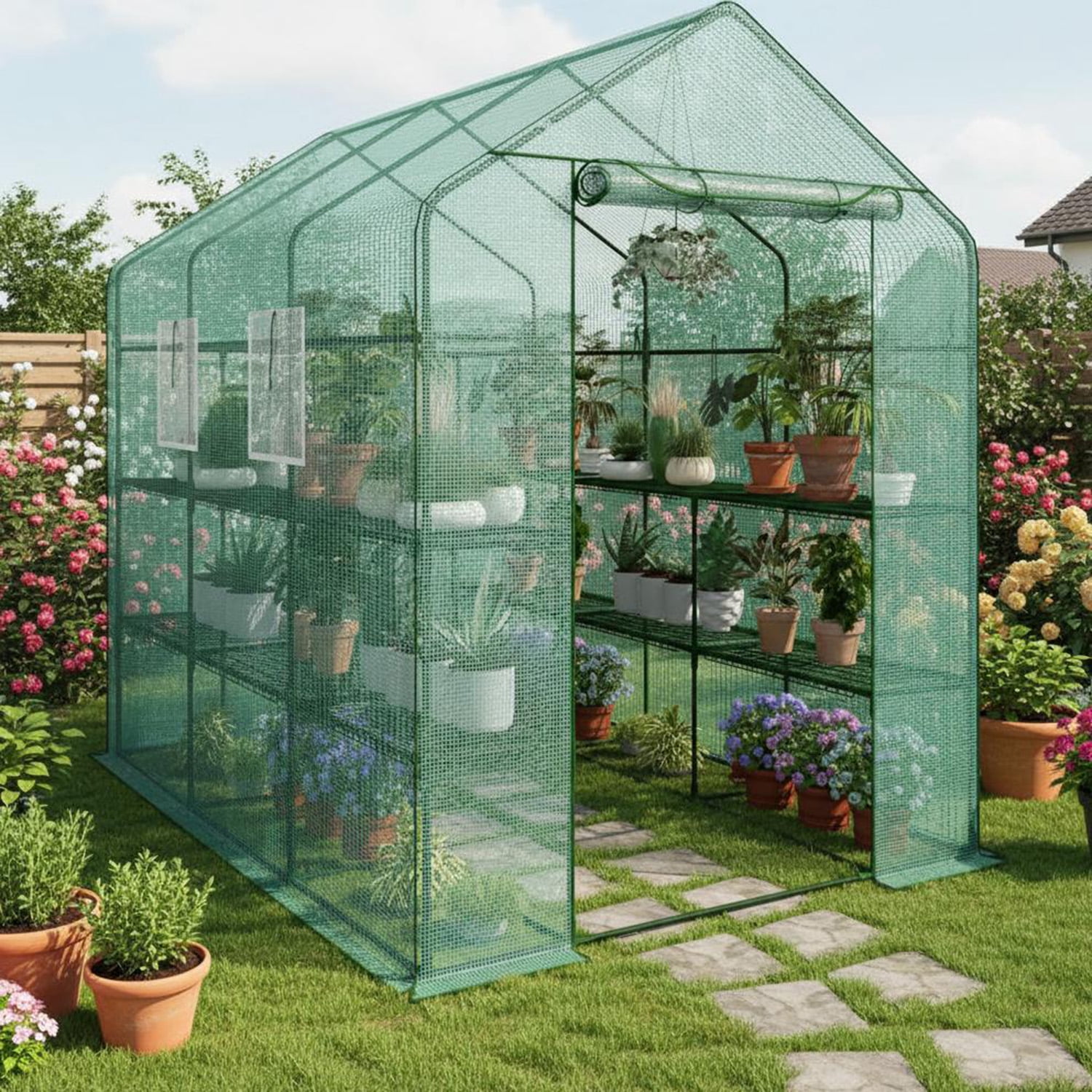 Lumiparty Large Outdoor Walk-In Greenhouse with 6-Tier Shelves, 85"x56"x77", Weatherproof, UV Protected, for Backyard & Patio, Green