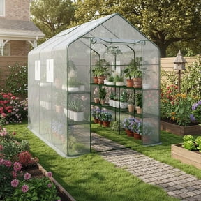 Lumiparty Large Outdoor Walk-In Greenhouse with 6-Tier Shelves, 85"x56"x77", Weatherproof, UV Protected, for Backyard & Patio, White