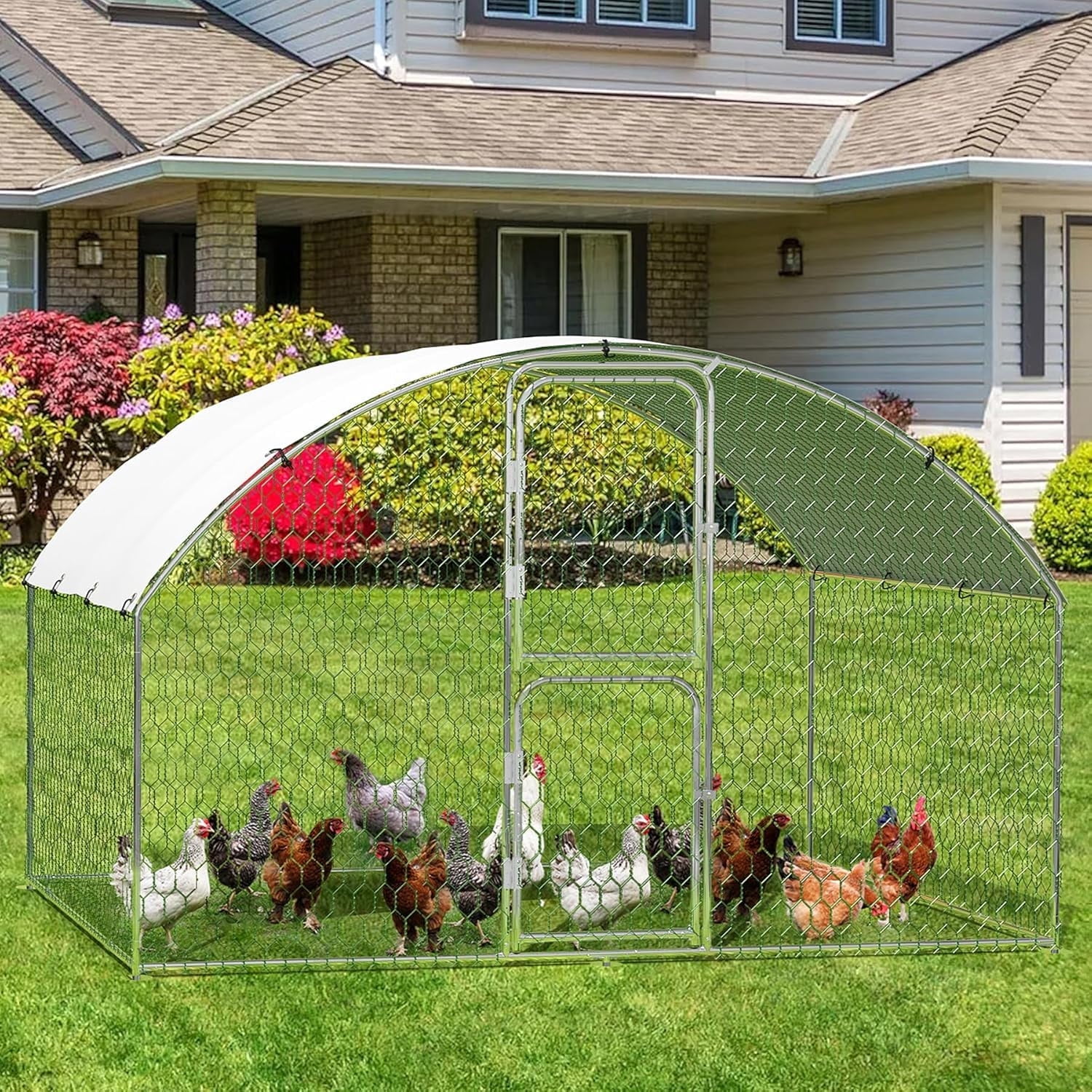 Lumiparty Metal Chicken Coop, Walking Poultry Cage Hen Run House Rabbits Habitat Cage Coops, with Waterproof and Anti-Ultraviolet Cover for Backyard Farm, Silver