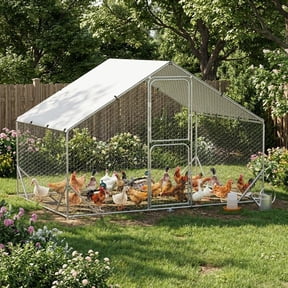 Lumiparty Metal Chicken Coop, Walking Poultry Cage Hen Run House Rabbits Habitat Cage Spire Shaped Coops, with Waterproof and Anti-Ultraviolet Cover for Backyard Farm, Silver