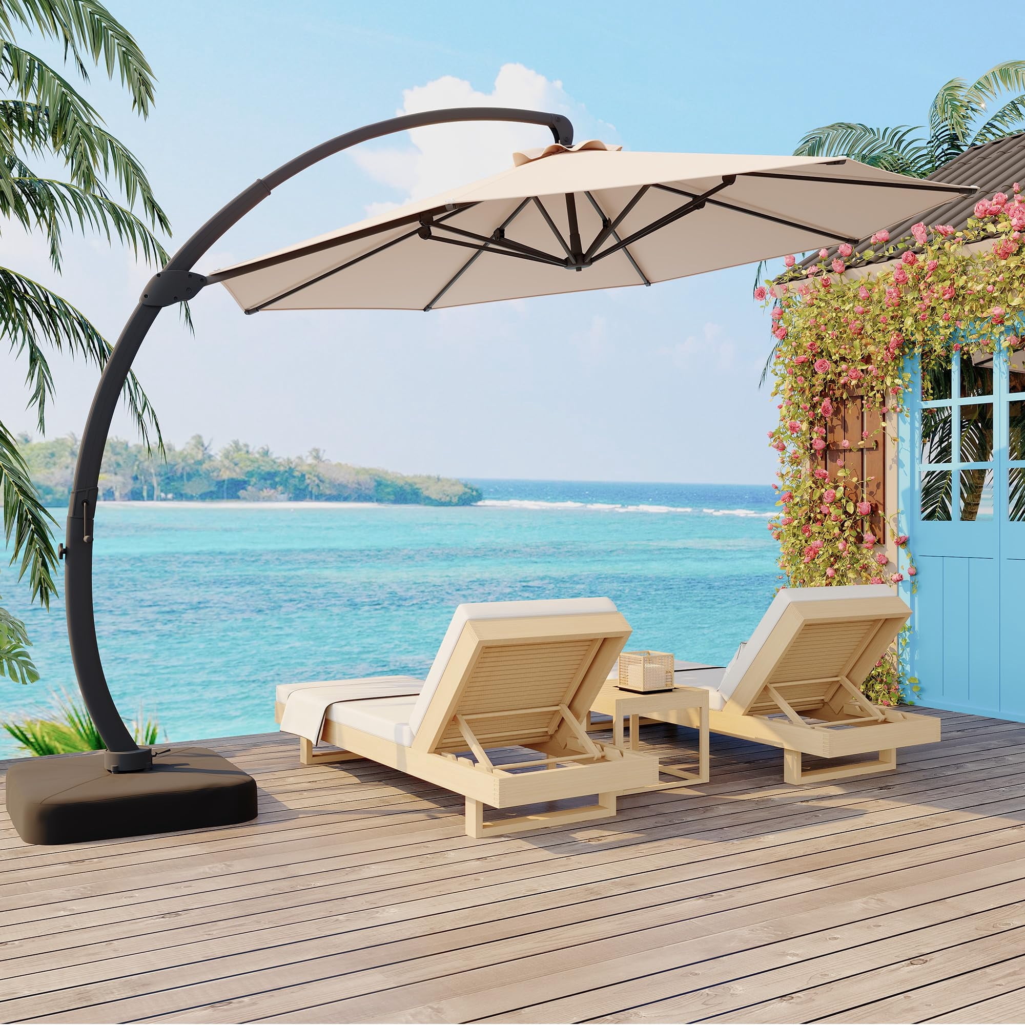 Memoryfield Outdoor Large Round Aluminum Cantilever Market Umbrella, Heavy-Duty Offset Patio Umbrella with 360° Rotation & Base Included, Khaki