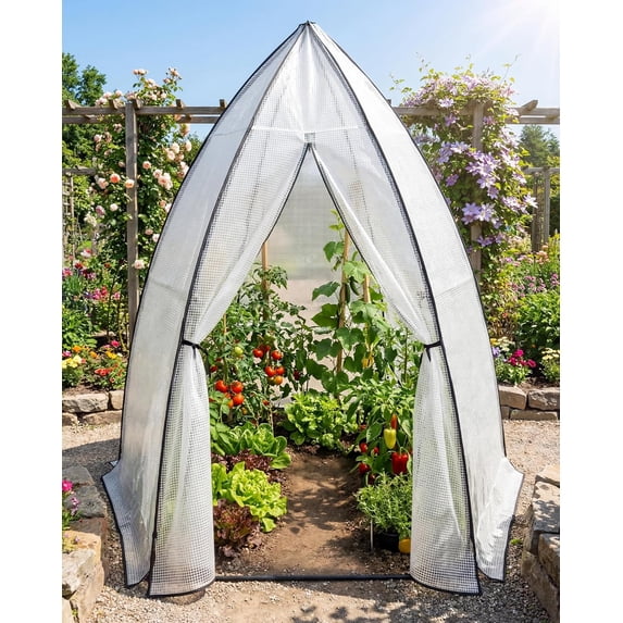 Lumiparty Outdoor Portable Greenhouse 54"x54"x71", PE Cover with Zipper Door & Mesh Window for Plants, Transparent
