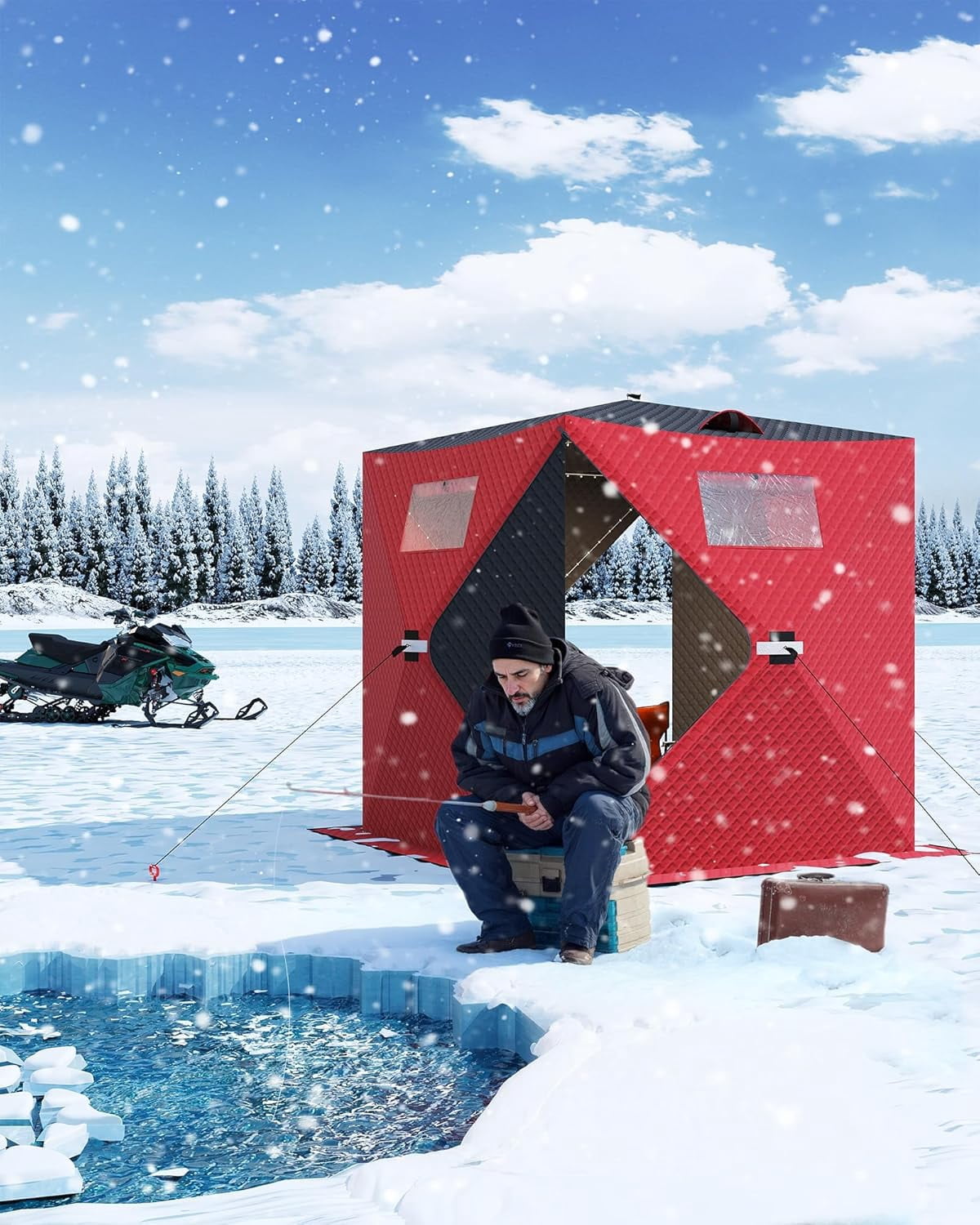 Lumiparty Pop Up Ice Fishing Tent Fully Insulated, Portable 1-2 Person Ice Fishing Shelter, Waterproof Oxford Fabric, Winter Windproof Hut Snow Hub with Anchors, Ropes & Carry Bag, Red & Black