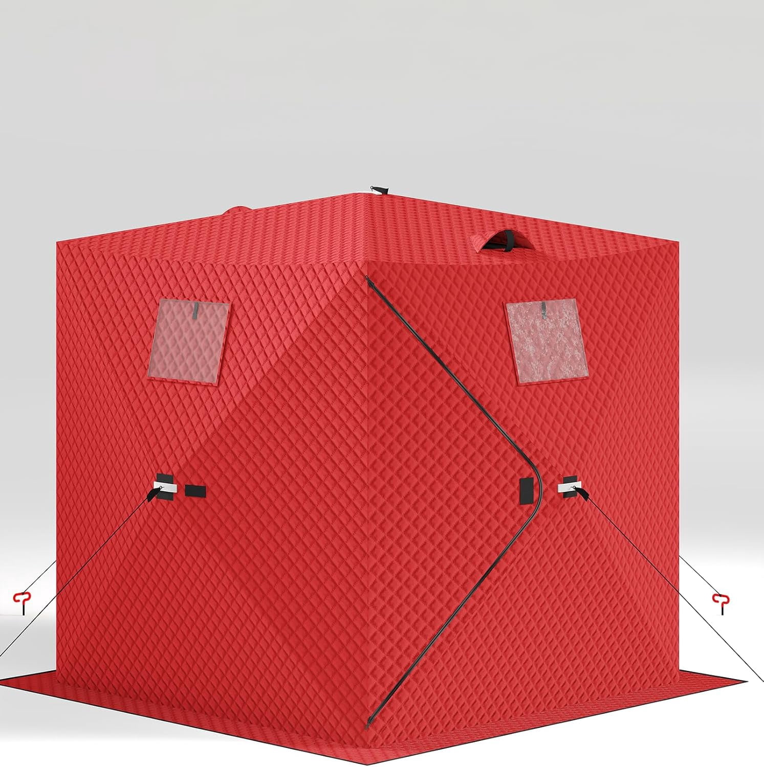 Lumiparty Pop Up Ice Fishing Tent Fully Insulated, Portable 1-2 Person Ice Fishing Shelter, Waterproof Oxford Fabric, Winter Windproof Hut Snow Hub with Anchors, Ropes & Carry Bag, Red