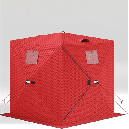 Lumiparty Pop Up Ice Fishing Tent Fully Insulated, Portable 3-4 Person Ice Fishing Shelter, Waterproof Oxford Fabric, Winter Windproof Hut Snow Hub with Anchors, Ropes & Carry Bag, Red