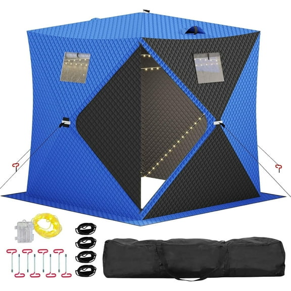Lumiparty Pop Up Ice Fishing Tent with 49Ft LED Light Strip, Windproof Portable Hub Design, Fits 3-4 People, Blue