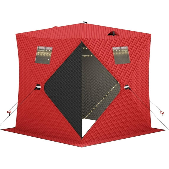 Lumiparty Pop Up Ice Fishing Tent with 49Ft LED Light Strip, Windproof Portable Hub Design, Fits 3-4 People, Red