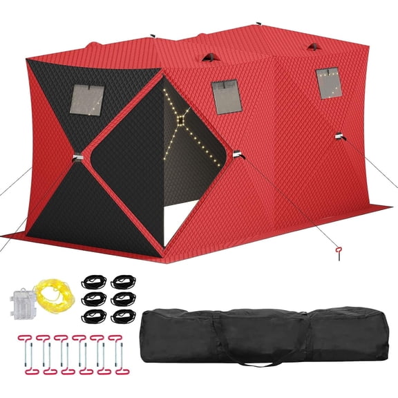 Lumiparty Pop Up Ice Fishing Tent with 49Ft LED Light Strip, Windproof Portable Hub Design, Fits 5-7 People, Red & Black