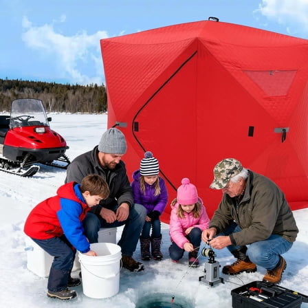 Lumiparty Pop-up Ice Fishing Shelter 2-3 Person, 3-Layer Insulated Windproof Portable Ice Shanty Fishing Tent with 2 Doors 2 Windows, Carrying Bag, 6 Ground Stakes & 6 Guy Ropes, Red