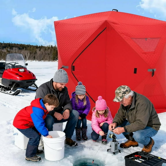 Lumiparty Pop-up Ice Fishing Shelter 2-3 Person, 3-Layer Insulated Windproof Portable Ice Shanty Fishing Tent with 2 Doors 2 Windows, Carrying Bag, 6 Ground Stakes & 6 Guy Ropes, Red