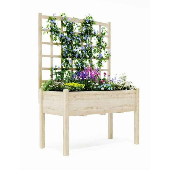 Lumiparty Raised Garden Bed with Trellis, Elevated Wood Planter Box with Legs & Liner, Standing Planter for Climbing Plants, Flowers, Vegetables & Herbs, Backyard, Patio & Balcony