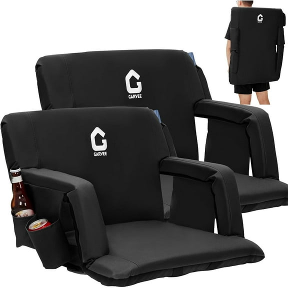 Lumiparty Reclining Stadium Seats with Back Support and Padded Cushion, 20.5" Bleacher Chair with Anti-Slip Mat, 6 Adjustable Angle, Large Pockets, Cup Holders, Black