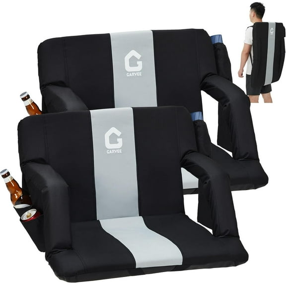 Lumiparty Reclining Stadium Seats with Back Support and Padded Cushion, Extra Wide 24.5" Bleacher Chair with Anti-Slip Mat, 6 Adjustable Angle, Large Pockets, Cup Holders, Black & Gray