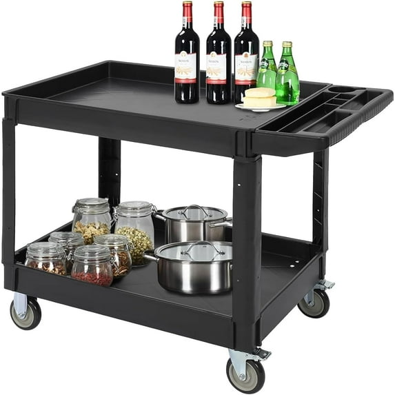 Lumiparty Service Utility Cart, 2 Tier Rolling Tool Cart with Storage Handle, 500 LBS Capacity, for Warehouse/Garage/Cleaning/Manufacturing, Black