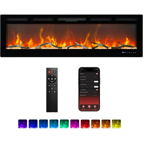 Lumiparty Smart Electric Fireplace with Remote Control & Alexa/WiFi, 60" Wall Mount/in Wall Recessed Insert Black Electric Fireplace, 12 Realistic Ember Color/Flame Options,1500W Heater