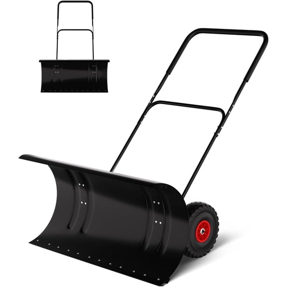 Lumiparty Snow Pusher with Wheels for Driveway, 29.5" Wide Steel Blade, 2-Position Angle Adjustment & 60° Tilt Handle, Push Snow Shovel Removal with Ground Protection, Black