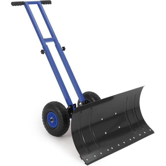 Lumiparty Snow Shovel with Wheels, Heavy Duty Double Rod Wheeled Snow Pusher with 29"W X 14.2"H Metal Blade, Angle & Height Adjustable Handle for Driveway Sidewalk Yard, Blue