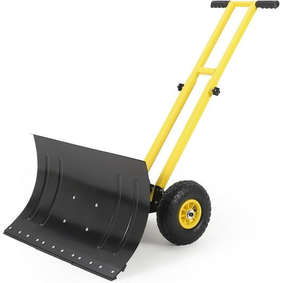 Lumiparty Snow Shovel with Wheels, Heavy Duty Double Rod Wheeled Snow Pusher with 29"W X 16.5"H Metal Blade, Angle & Height Adjustable Handle for Driveway Sidewalk Yard, Yellow