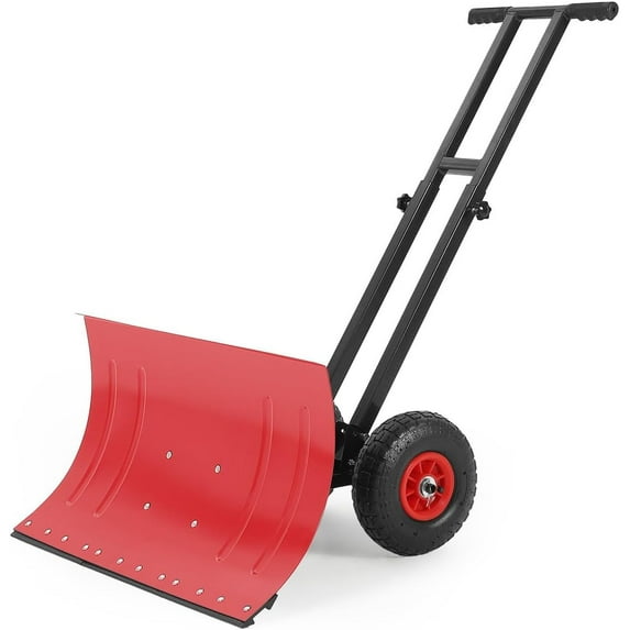 Lumiparty Snow Shovel with Wheels, Heavy Duty Double Rod Wheeled Snow Pusher with 29"W X 16.5"H Metal Blade, Angle & Height Adjustable Handle for Driveway Sidewalk Yard, Red