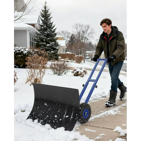 Lumiparty Snow Shovel with Wheels, Heavy Duty Double Rod Wheeled Snow Pusher with 29"W X 19.8"H Metal Blade, Angle & Height Adjustable Handle for Driveway Sidewalk Yard, Blue