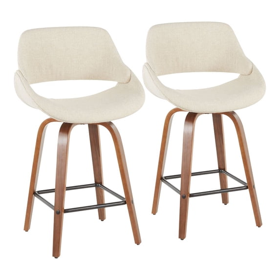 Lumisource Fabrico Mid-Century Modern Counter Stool in Walnut and Cream Fabric - Set of 2