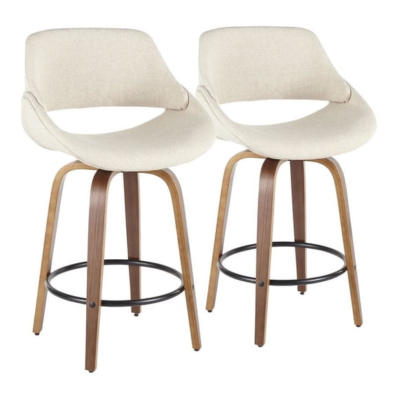 Lumisource Fabrico Mid-Century Modern Fixed-Height Counter Stool in Walnut Wood with Round Chrome Footrest and Cream Faux Leather - Set of 2