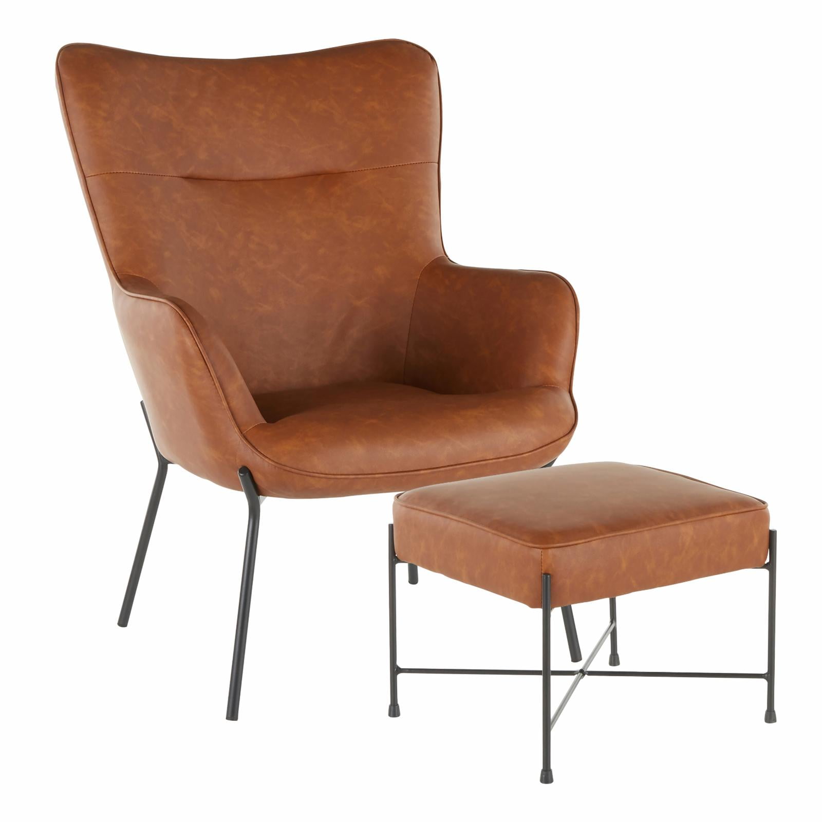 Camel Faux Leather Lounge Chair with Ottoman and Metal Legs