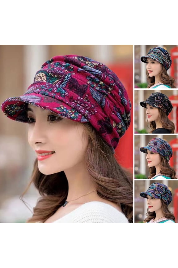 Baseball Caps Short Brim Warm Foldable Earflap Women Cap Ethnic Style Floral Print Autumn Winter Hat Daily Clothing Sun Hats for Women Wine One Size