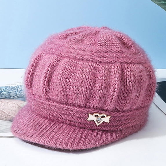 Lumistal Crochet Hat for Women Winter Warm Knit Hat Wool Snow Ski Caps With Visor Knit Cuffed Hat Stylish Slouchy Skull Cap Winter Warm Beanie Pink One Size