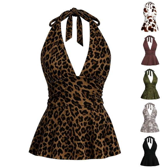 Lumistal Halter Top for Women Backless Printed Tank Tops V Neck Slim Fit Tie Back Sleeveless Top for Women Fashion Comfort Summer Casual Beach Tops Coffee M