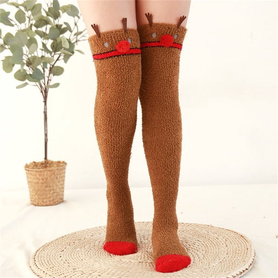 Lumistal Knee High Stockings for Women 2 Pairs Fleece Thickened Cartoon Striped Warm Towel Floor Socks Stockings Over Knee Boot Socks Thigh High Stockings One Size