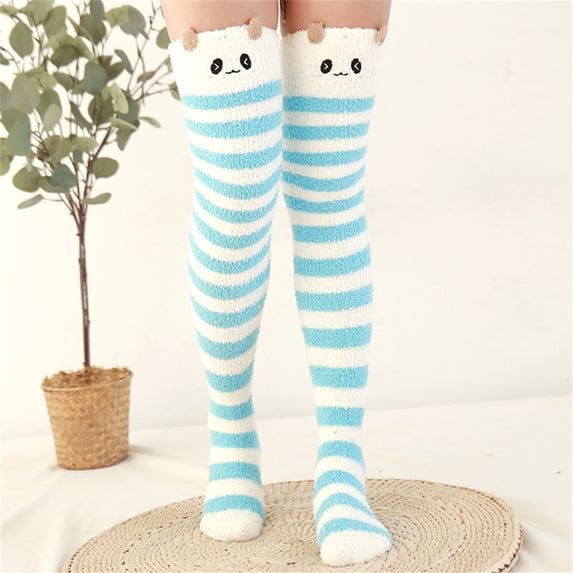 Lumistal Knee High Stockings for Women 2 Pairs Fleece Thickened Cartoon Striped Warm Towel Floor Socks Stockings Over Knee Boot Socks Thigh High Stockings One Size
