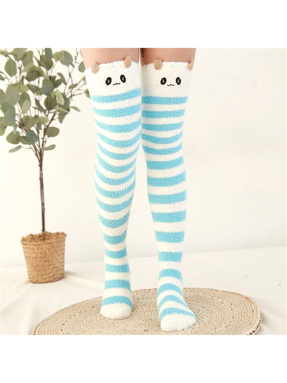 Knee High Stockings for Women 2 Pairs Fleece Thickened Cartoon Striped Warm Towel Floor Socks Stockings Over Knee Boot Socks Thigh High Stockings One Size