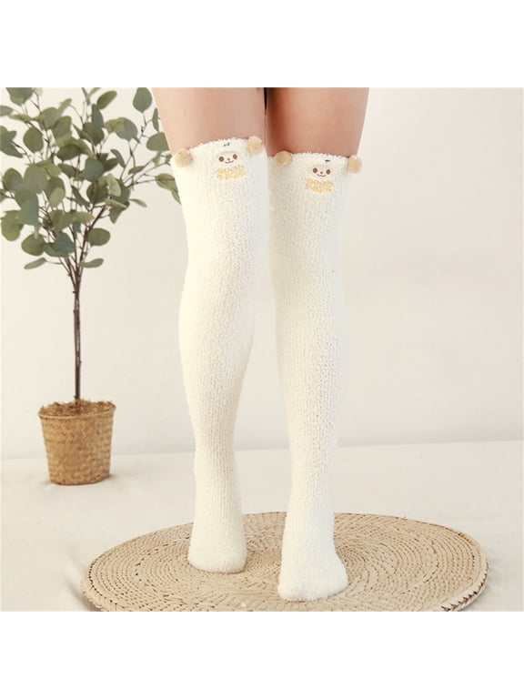 Knee High Stockings for Women 2 Pairs Fleece Thickened Cartoon Striped Warm Towel Floor Socks Stockings Over Knee Boot Socks Thigh High Stockings One Size