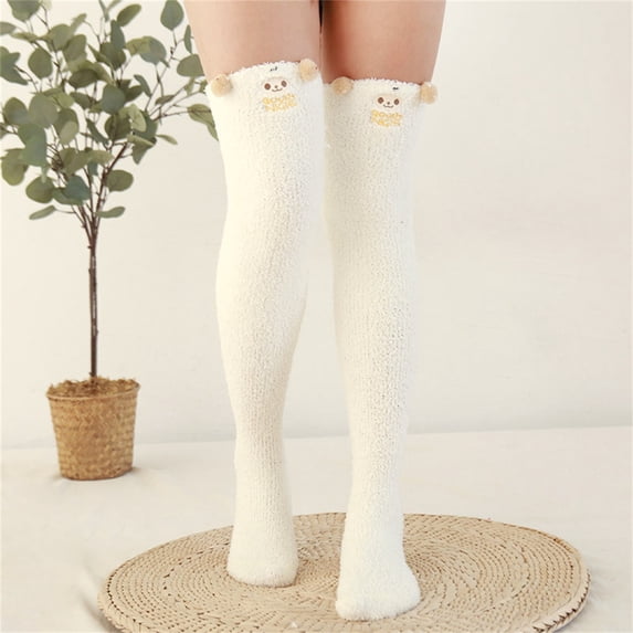 Lumistal Knee High Stockings for Women 2 Pairs Fleece Thickened Cartoon Striped Warm Towel Floor Socks Stockings Over Knee Boot Socks Thigh High Stockings One Size