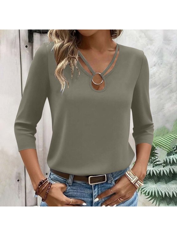Long Sleeve Shirts for Women V Neck 3/4 Sleeve Open Weave Solid Color T Shirt Slim Fit Casual Stylish Top L