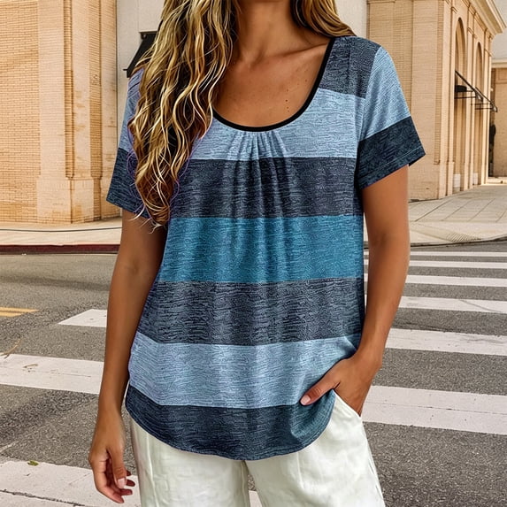 Lumistal Plus Size Women Summer Tops Thin Breathable Casual T-Shirts Striped Blouse Short Sleeve Top Basic Tee Fashion Leisure Tshirt for Women Going Out Tops XL-5XL Blue XXXL