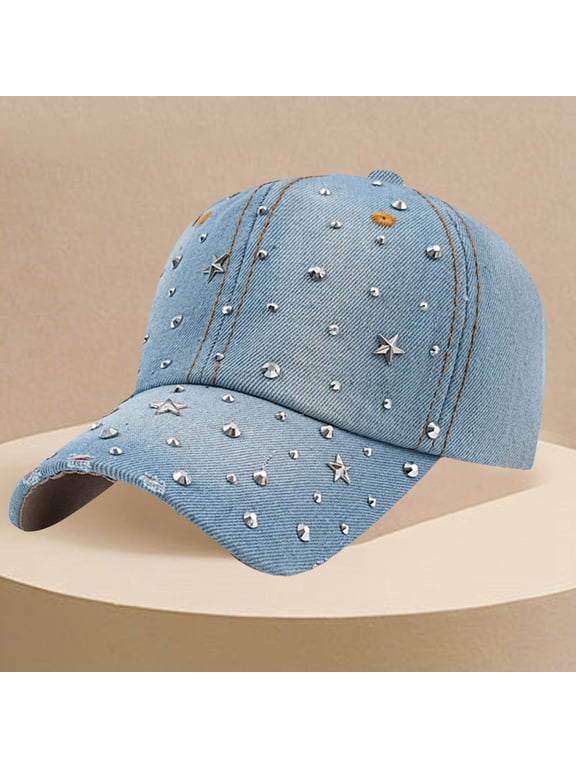Rhinestone Baseball Caps Casual Denim Baseball Cap Studded Bling Hat for Women Sun Hat Metal Buckle Adjustable Bling Diamond Traveling Hat Sun Hats for Women Light Blue One Size