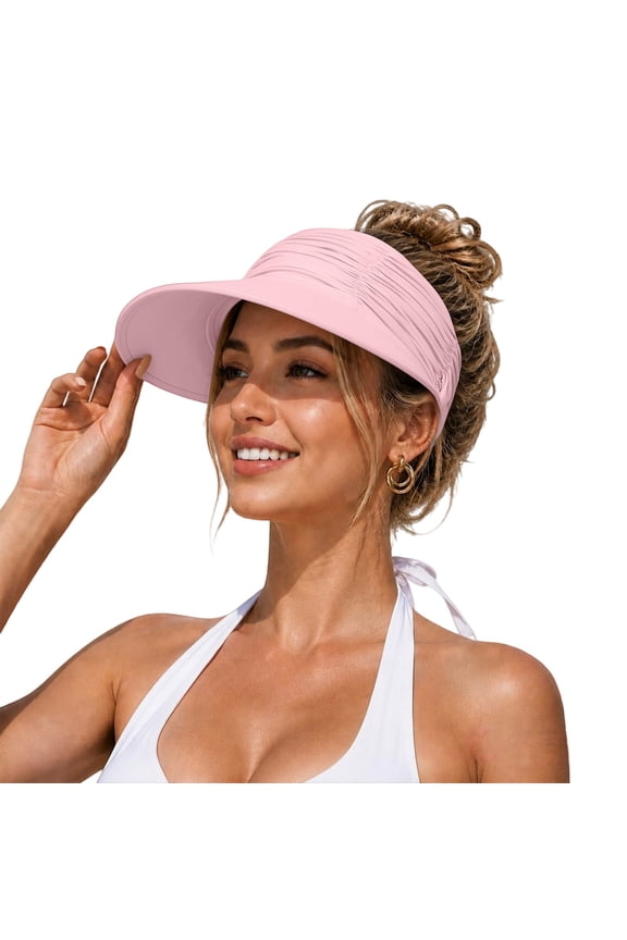 Sun Hats for Women Wide Brim UV Protection Sun Visor Hats UPF50+ Lightweight Foldable Ponytail Sports Cap Sun Hat Summer Beach Packable Visor Pink One Size