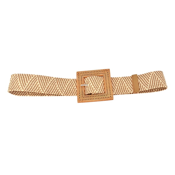 Lumistal Women Woven Belt Elastic Casual Summer Printed Belt Stretch Skinny Belt With Wooden Square Buckle Belt for Womenor Cinching Flowy Dresses and Tunic Tops Khaki One Size