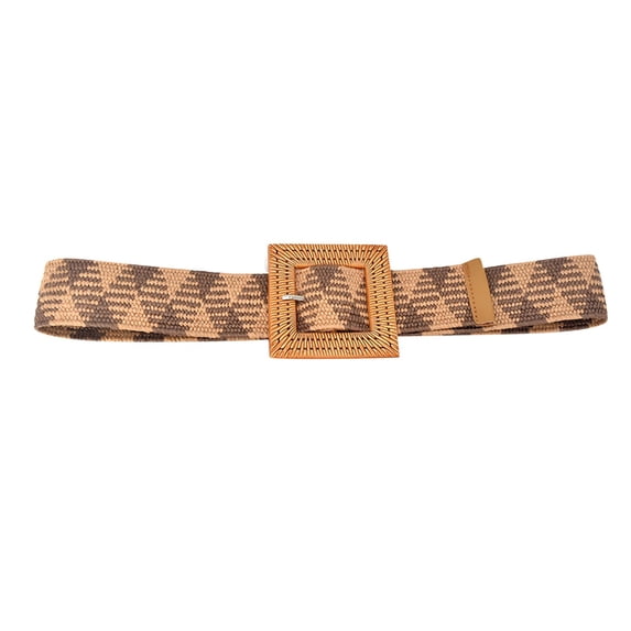 Lumistal Women Woven Belt Elastic Casual Summer Printed Belt Stretch Skinny Belt With Wooden Square Buckle Belt for Womenor Cinching Flowy Dresses and Tunic Tops Brown One Size