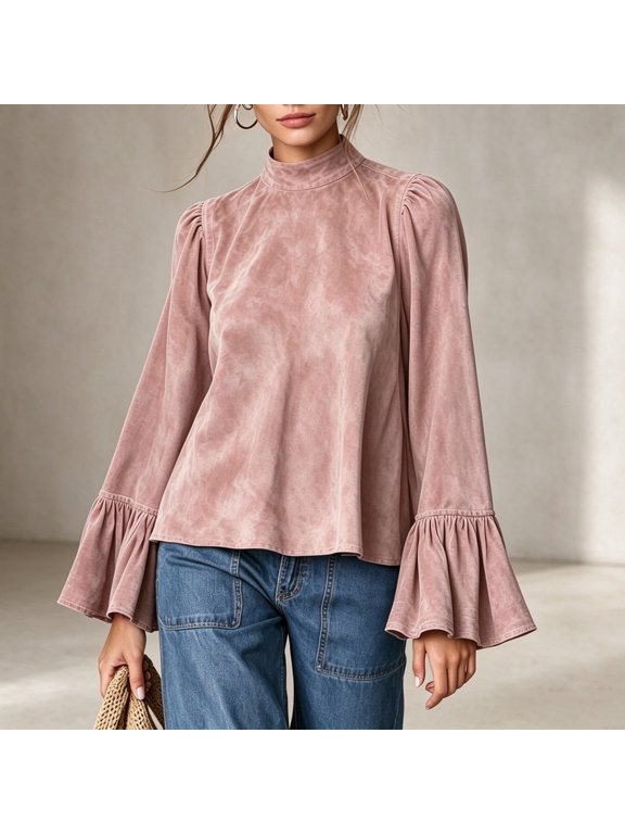 Women's Blouse Mock Neck Puff Shoulder Flared Bell Sleeve Long Sleeve Shirt Loose Casual Daily Shirt M