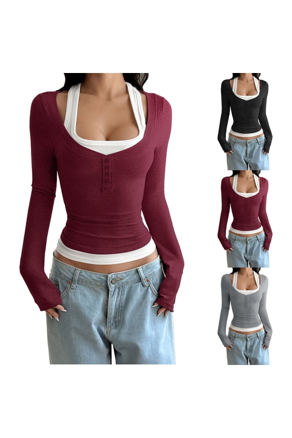 Women's Long Sleeve Shirts Low Cut Slim Fit T Shirts Y2K Going Out Tops for Women Cropped Top Basic T-Shirt Tee Streetwear Daily Wear Wine M