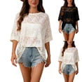 thumbnail image 1 of Lumistal Women's Mesh Top Round Neck Short Sleeve Lace Shirt for Women See Through T Shirt Party Club Night Lace Blouse Summer Music Festival Outfit White M, 1 of 6