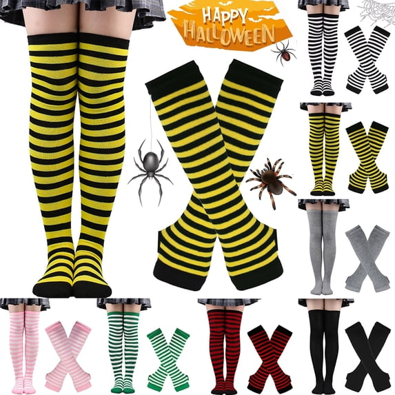 Lumistal Women's Striped Knee High Socks and Glove Over Knee Thigh High Socks and Arm Warmer Y2K Knitted Fingerless Gloves Set with Long Knee High Socks Blue One Size